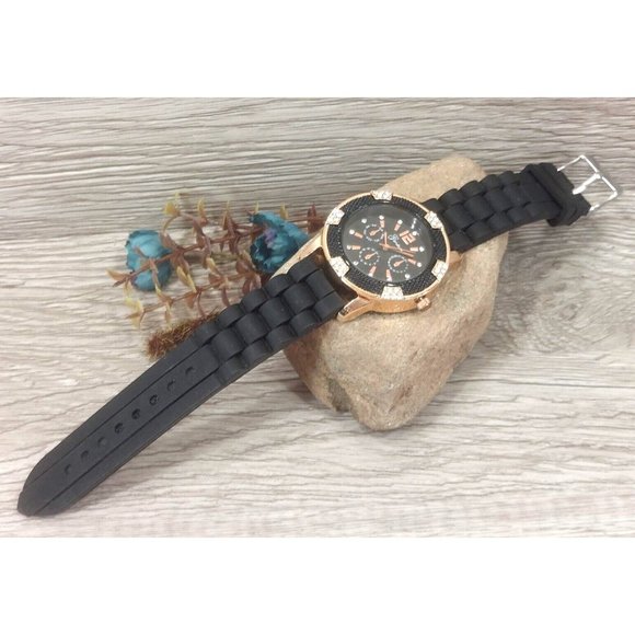 Unisex Bracelet Watch Black Gold Tone Soft Flexible Silicone Band Wristwatch - Picture 7 of 14